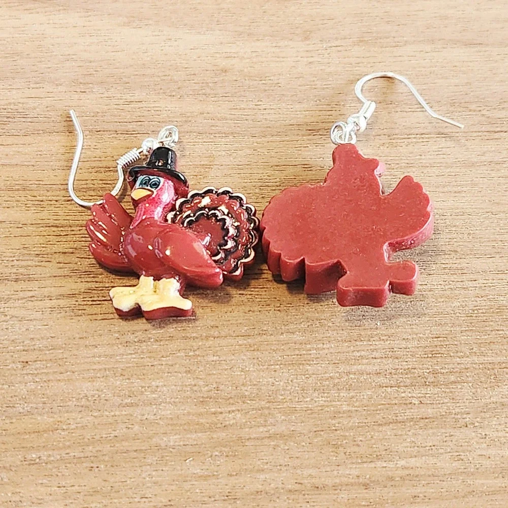 Thanksgiving Turkey Pilgrim Hat Drop Earrings‎ Red Holiday Seasonal Jewelry